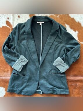 Skies are blue olive green knit blazer 3/4 sleeve ruched cuff jacket
